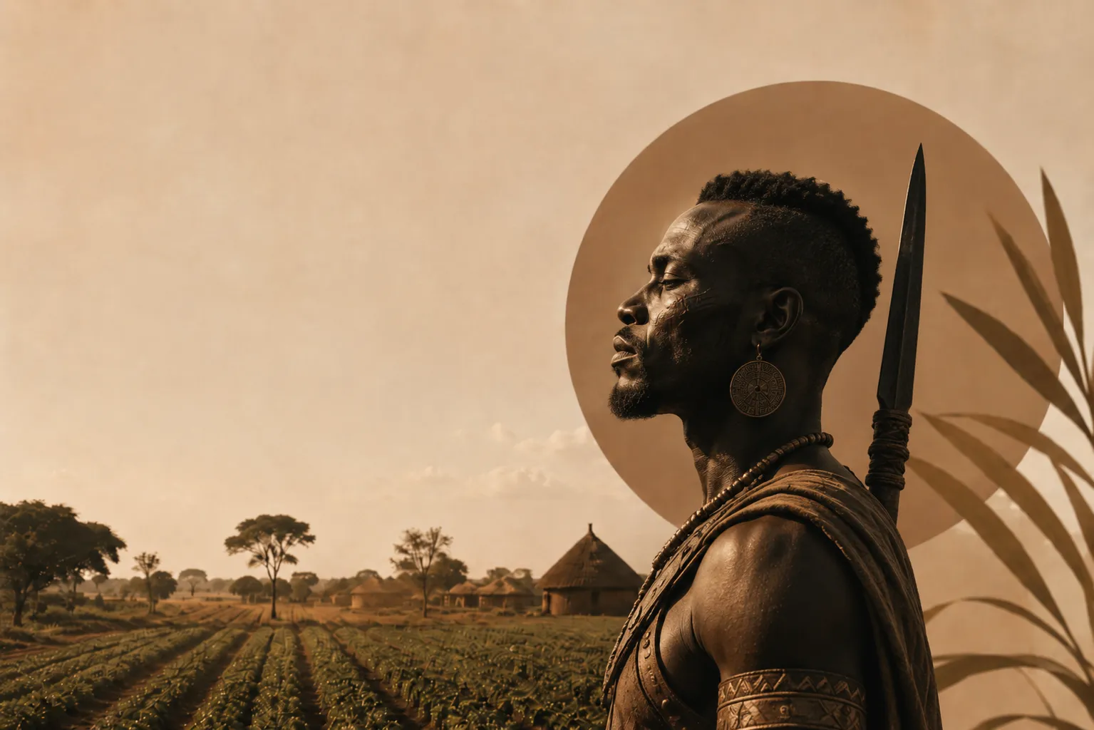 Guerrier de profil devant un village, sous un disque solaire sépia